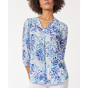 Jones New York Women's Extra Small Blue Floral Print V-Neck 3/4-Sleeve Top NWT